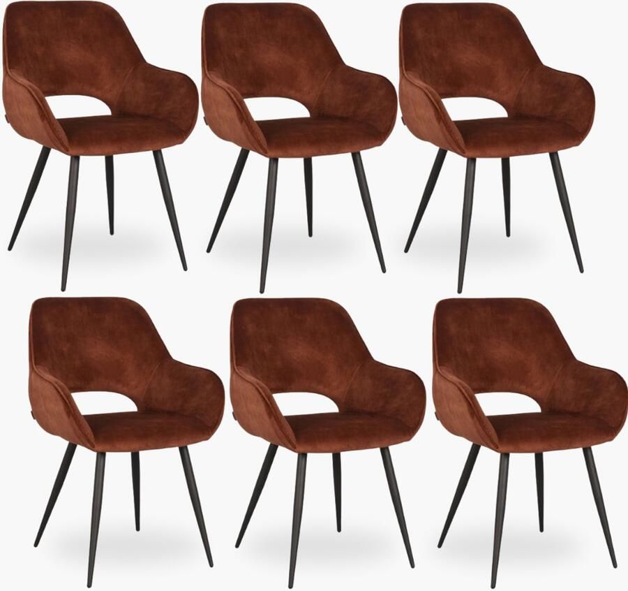DOK 2 6x Eetkamerstoel Jenna Koper Velours Set van 6 Koper Met Armleuning
