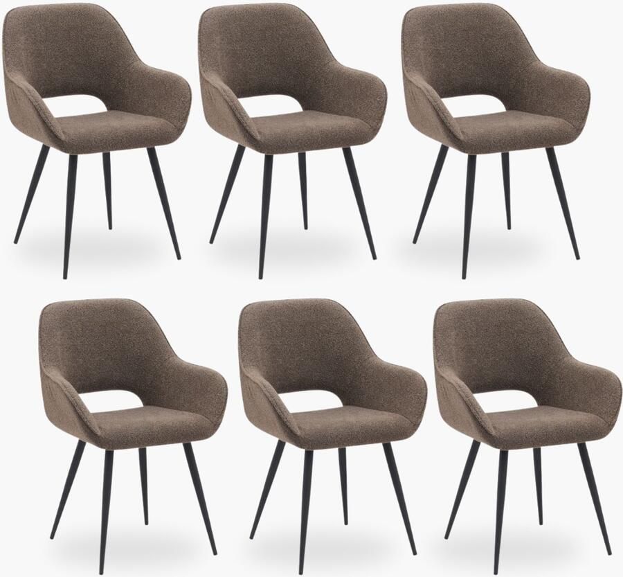 DOK 2 6x Eetkamerstoel Jenna Taupe Boucle Set van 6 Met Armleuning