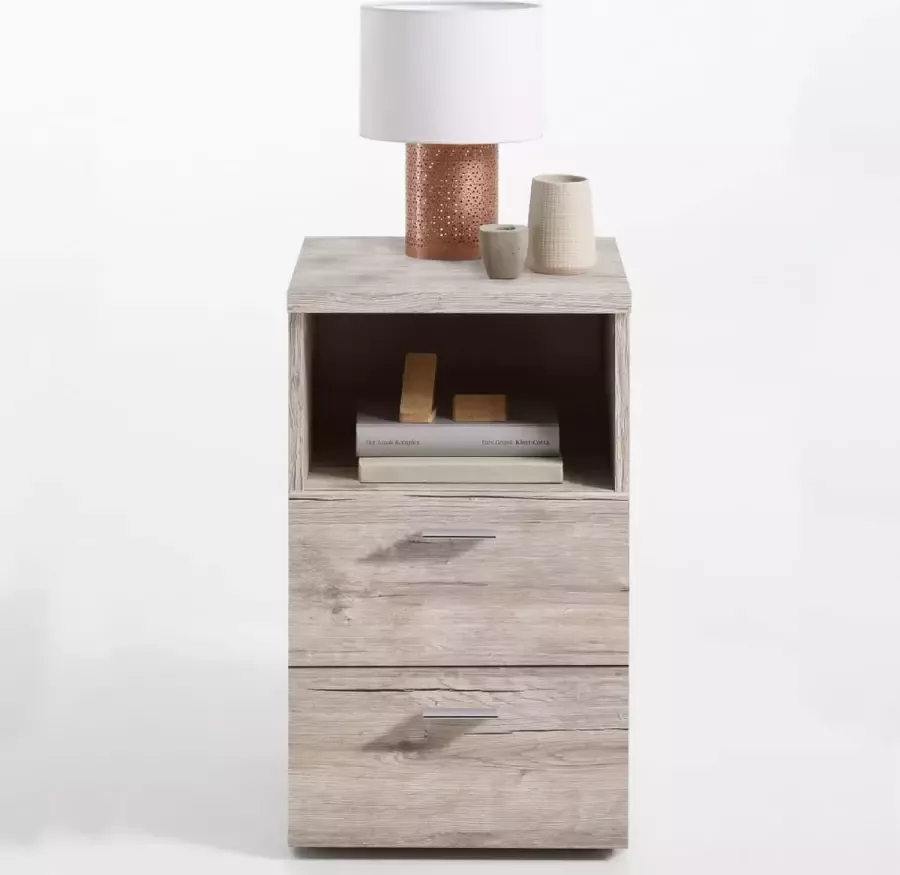 Dolce Vita La FMD Nachttafeltje Bedkastje Nachtkastje met lade met opbergruimte Bijzettafeltje voor de slaapkamer met plank met 2 lades en open schap zandeikenkleurig