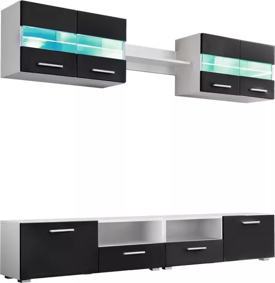 Dolce Vita La Tv-meubelwand Wandplank voor televisie Tv-bevestigingssysteem voor aan de muurset met LED-verlichting hoogglans zwart 5-delig