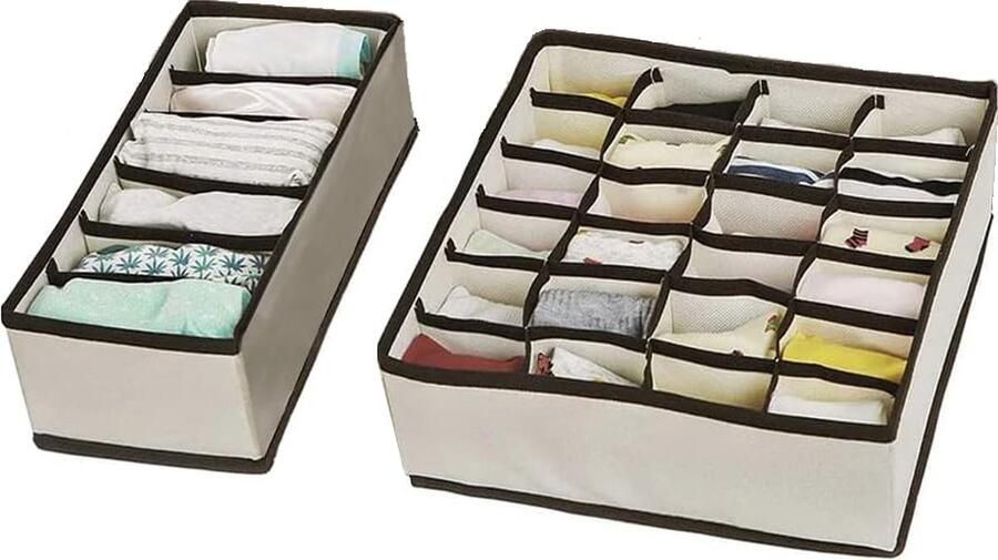 Doodadeals Kleding Organizer – Ondergoed – BH – Sokken – Opbergbox – 24 + 6 vakken – Beige Bruin – Set van 2