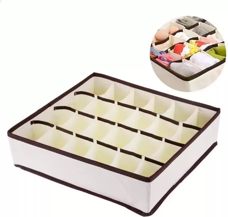 Doodadeals Ondergoed en Sokken Organizer 24 vakken Bruine Randen Beige 1 Stuk Ondergoed Opbergsysteem Sokken Organizer