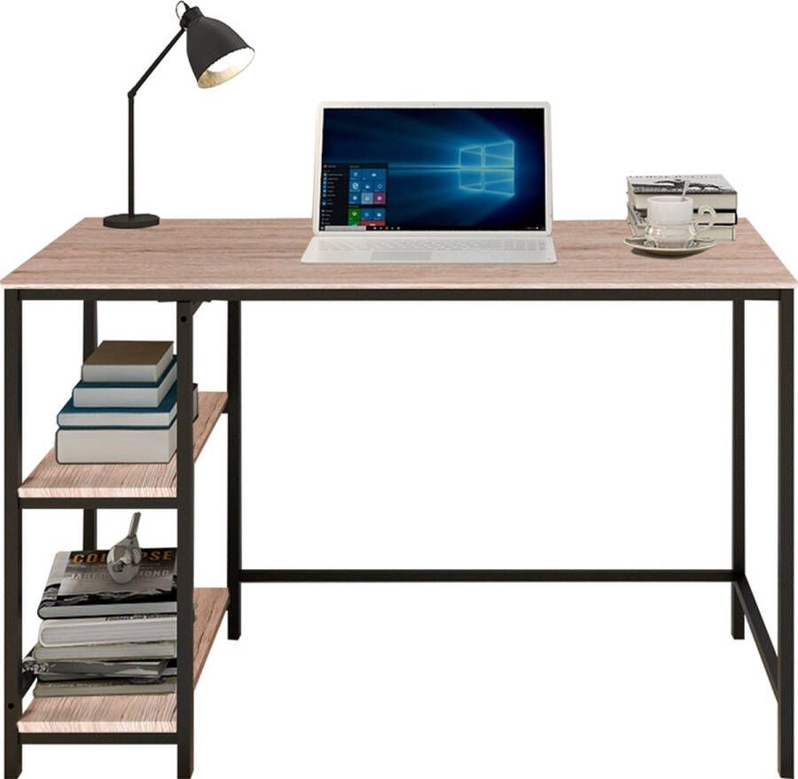 Doogo Computertafel PC Tafel Bureautafel met 2- Legplanken Rechts of Links voor Kantoor Woonkamer Stalen Frame Industrieel E1 Certified Bruin zwart 120X60X75.2(lxbxh) cm