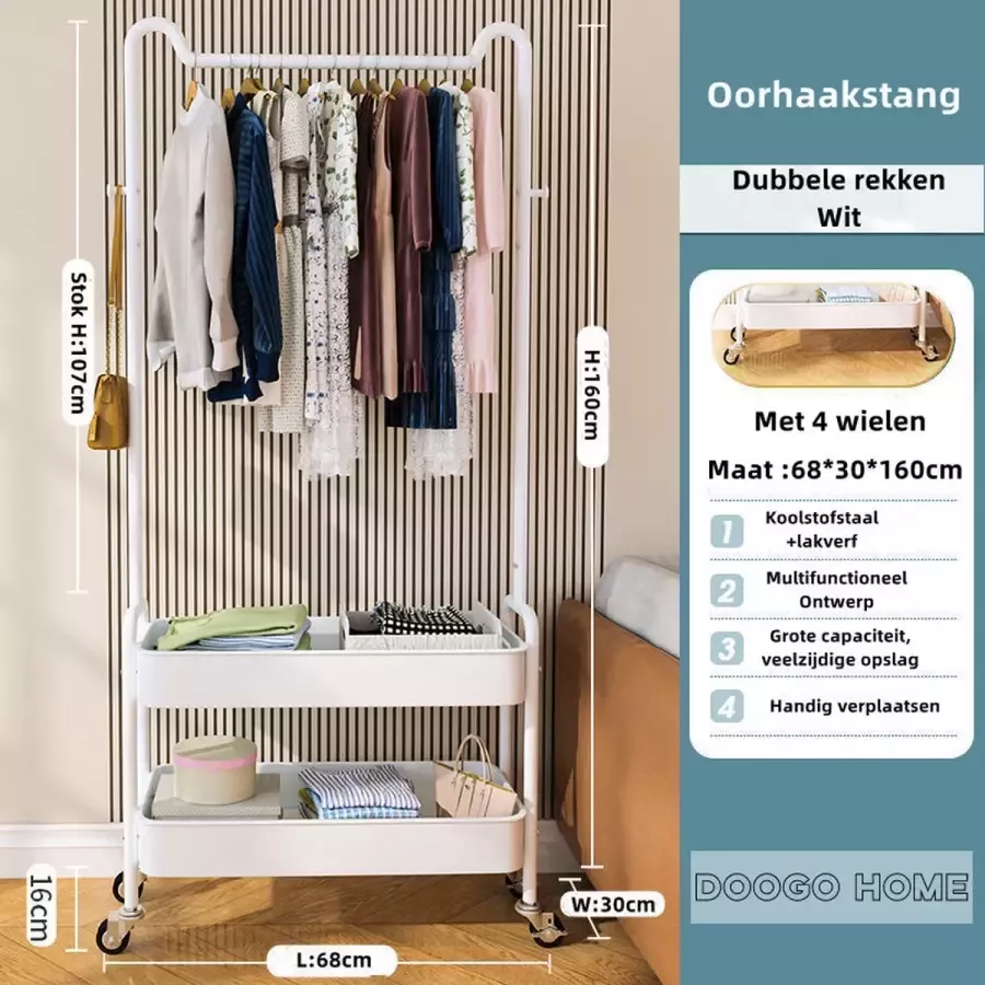 Doogo Industriële kapstok met schoenen-kledingrek Beige dubbele rekken oorhaakstang Industrieel