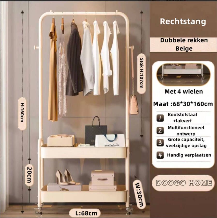 Doogo Industriële kapstok met schoenen-kledingrek Beige dubbele rekken rechtstang -Industrieel