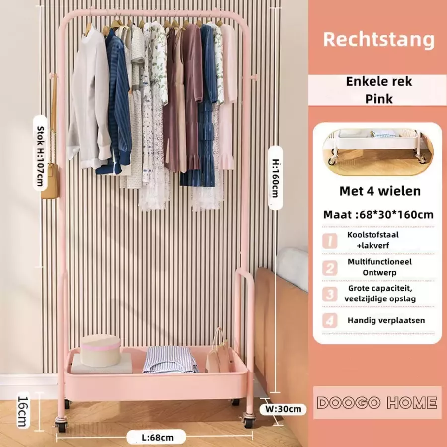 Doogo Industriële kapstok met schoenen-kledingrek- Pink- enkelvoudige stangen-Industrieel