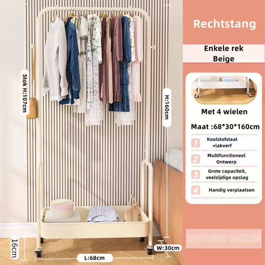 Doogo Industriële kapstok met schoenen-kledingrek- Wit- enkele rek rechtstang Industrieel