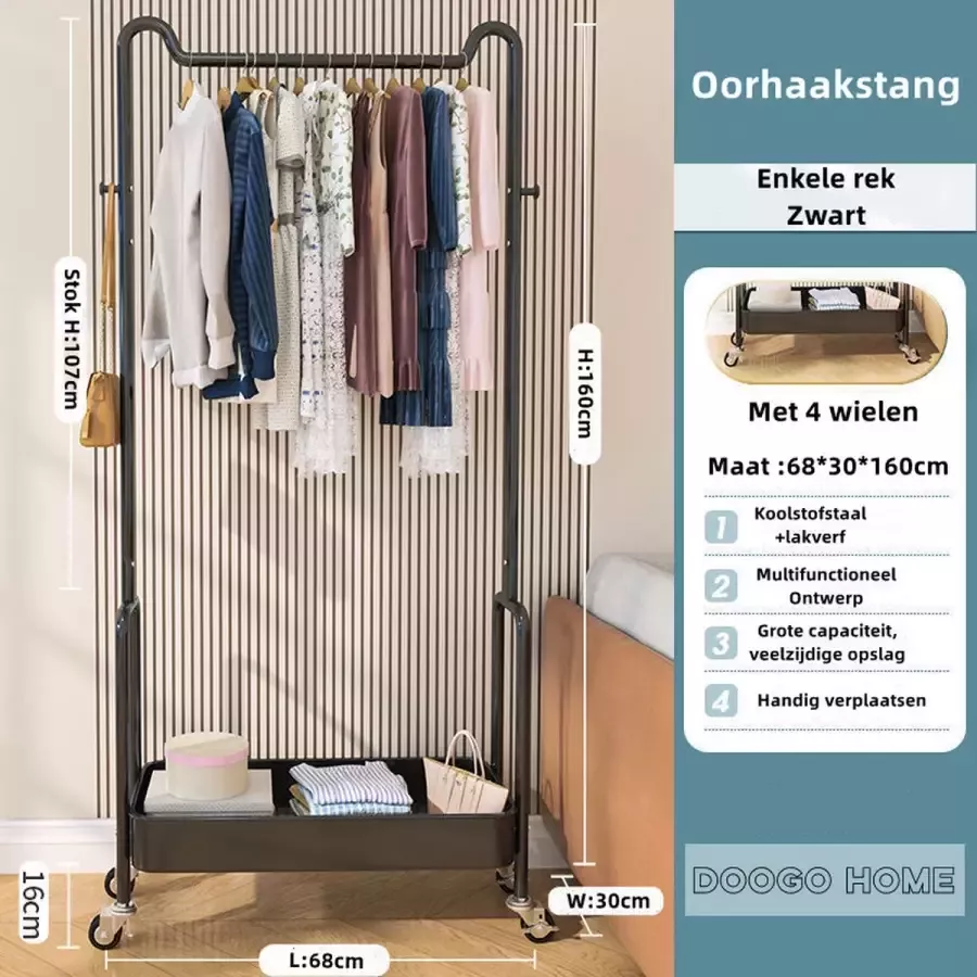 Doogo Industriële kapstok met schoenen kledingrek Zwart enkelvoudige oorhaakstangen Industrieel