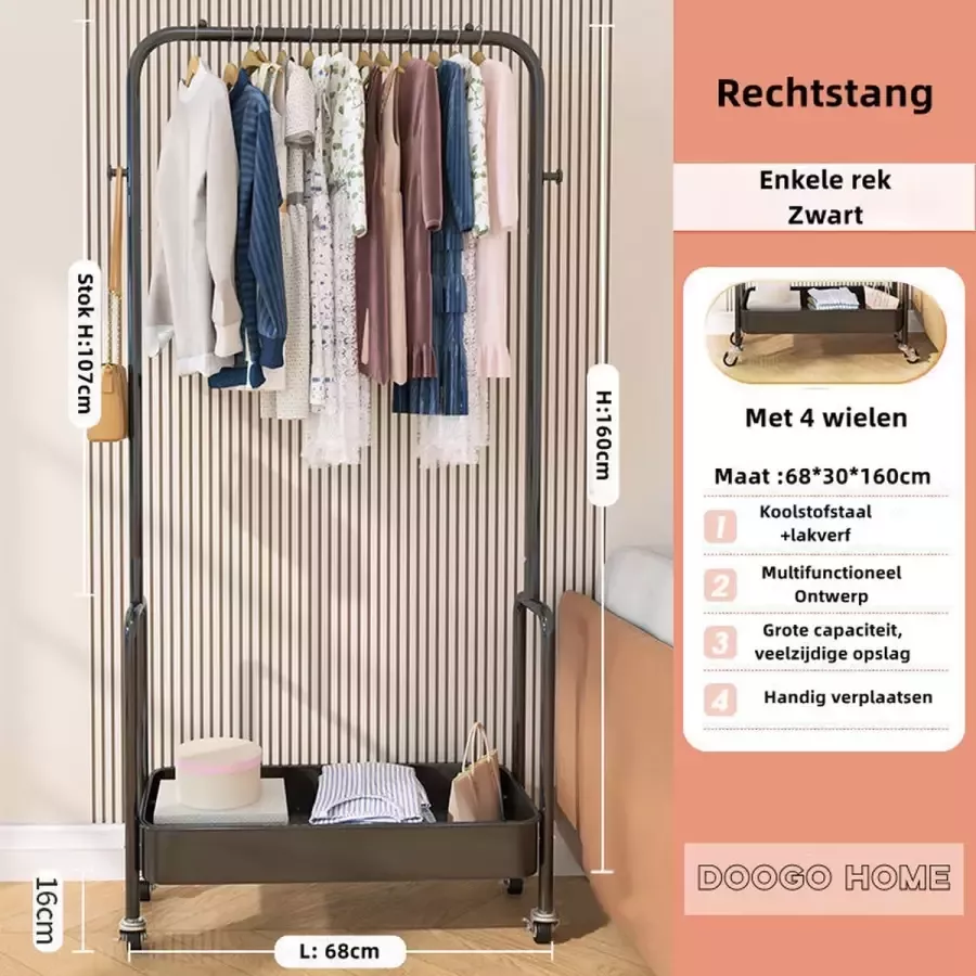 Doogo Industriële kapstok met schoenen-kledingrek- Zwart- enkelvoudige stangen-Industrieel