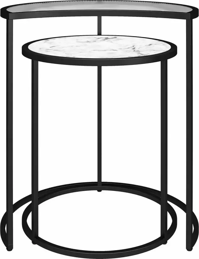 Dorel Home Moon Phases Bijzettafels in glas wit marmer en metalen onderstel in zwart