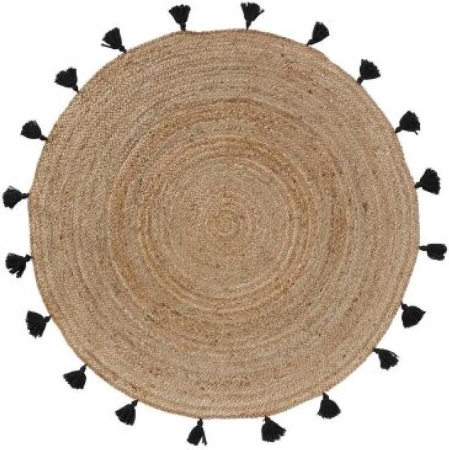 DOUCEUR D'INTERIEUR Vloerkleed rond jute Ø120 cm met kussenhoes tapijt rond- vloerkleden jute tapijt met zwarte kwastjes zand kleur naturel