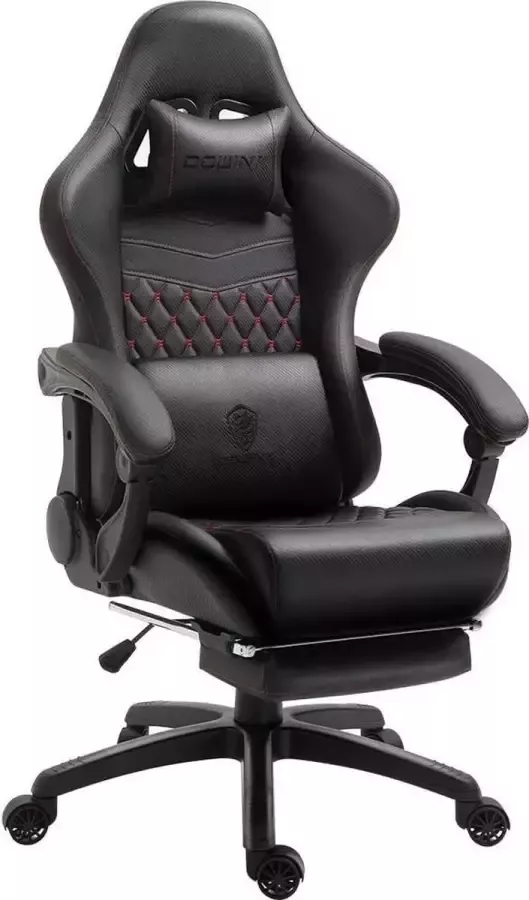 Dowinx Gaming Chair Bureaustoel Ergonomische pc-stoel met massage lendensteun racestijl PU-leer hoge rugleuning verstelbare draaistoel met voetsteun (zwart en rood)