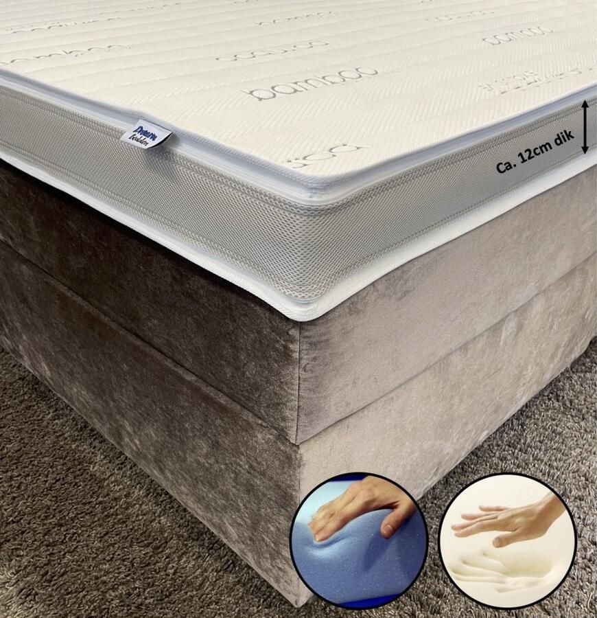 Dreambedden Topper 120x210 2-zijdig HR55 Koudschuim Nasa Traagschuim Bamboo Exclusive Anti Allergie Ca. 12cm dik 4 seizoenen topmatras