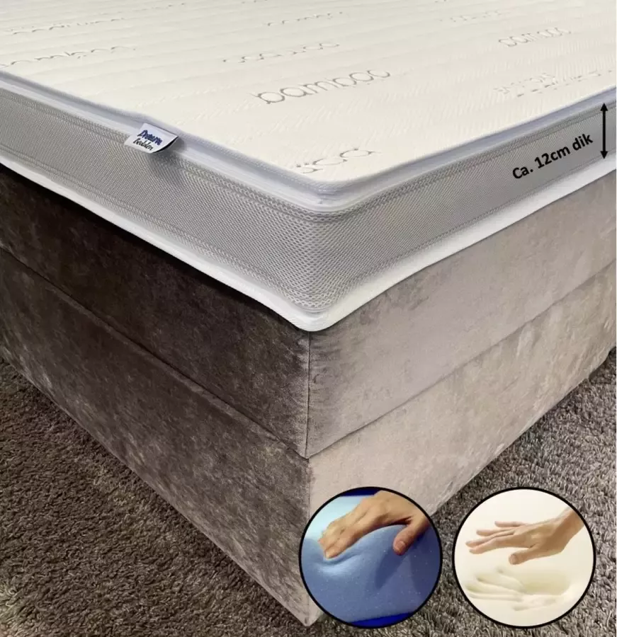 Dreambedden Topper 70x210 -2-zijdig HR55 Koudschuim Nasa Traagschuim Bamboo Exclusive Anti Allergie Ca. 12cm dik 4 seizoenen topmatras
