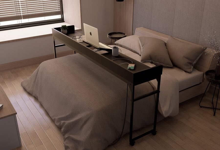 Dreamdesk Bedtafel Op Wielen Verstelbare Tafel Voor Over Bed Tafel Bedtafels Verrijdbaar Laptoptafel met wielen Bedtafeltje Verstelbaar Laptop Overbed tafel Sta Bureau Midnight Black - Foto 2