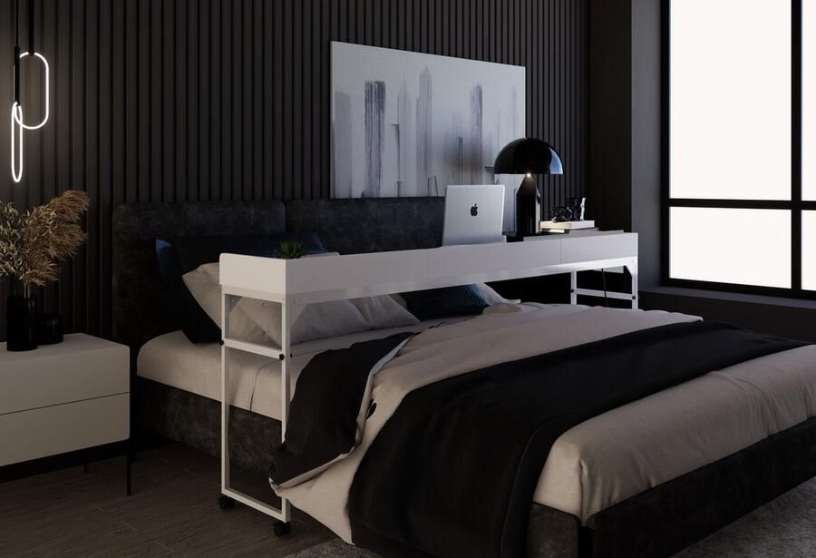 Dreamdesk Bedtafel Op Wielen Verstelbare Tafel Voor Over Bed Tafel Bedtafels Verrijdbaar Laptoptafel met wielen Bedtafeltje Verstelbaar Laptop Overbed tafel Sta Bureau Arctic White - Foto 2