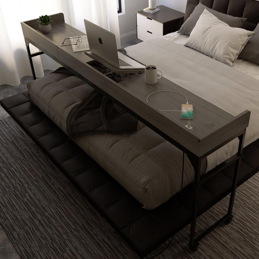 Dreamdesk Bedtafel Op Wielen Verstelbare Tafel Voor Over Bed Tafel Bedtafels Verrijdbaar Laptoptafel met wielen Bedtafeltje Verstelbaar Laptop Overbed tafel Sta Bureau Silver Slate