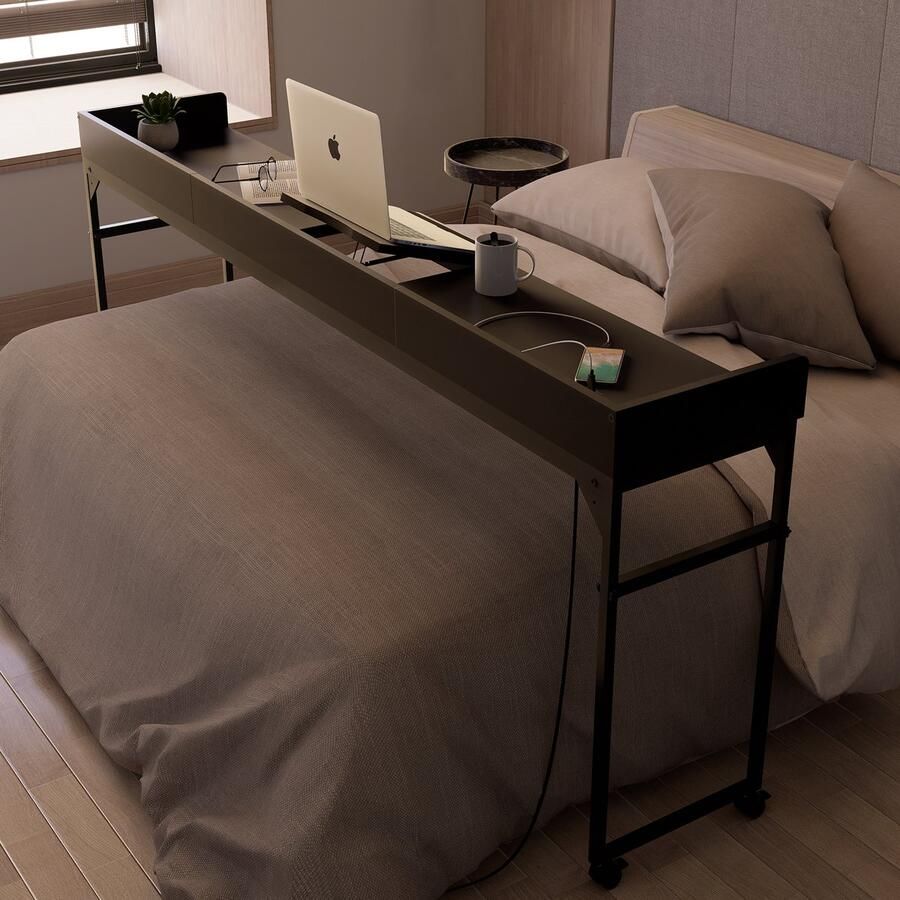 Dreamdesk Bedtafel Op Wielen Verstelbare Tafel Voor Over Bed Tafel Bedtafels Verrijdbaar Laptoptafel met wielen Bedtafeltje Verstelbaar Laptop Overbed tafel Sta Bureau Midnight Black