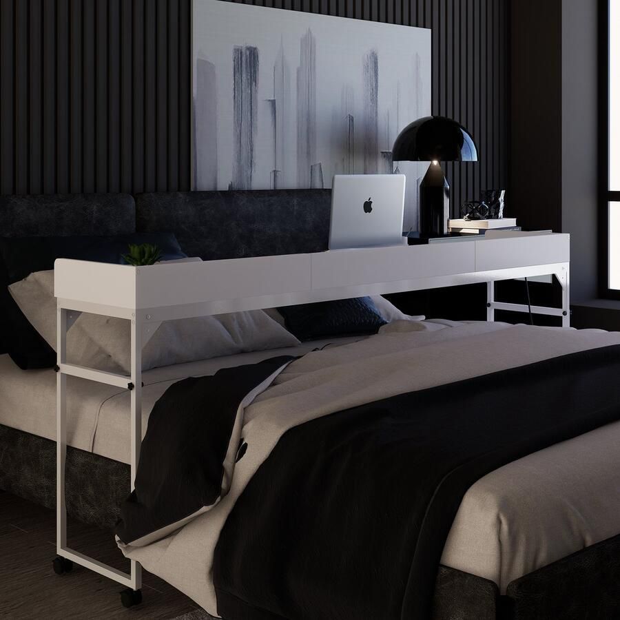 Dreamdesk Bedtafel Op Wielen Verstelbare Tafel Voor Over Bed Tafel Bedtafels Verrijdbaar Laptoptafel met wielen Bedtafeltje Verstelbaar Laptop Overbed tafel Sta Bureau Arctic White