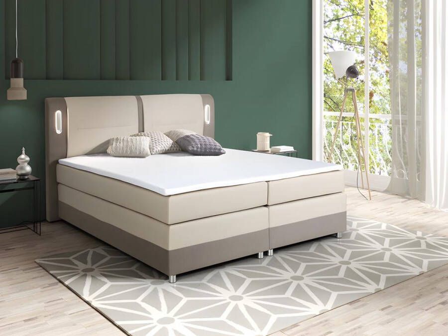 Ysmée Boxspring met hoofdeinde en LEDs + bedbodem + matras + topmatras RIMINI van DREAMEA 160x200cm Stof en kunstleer Beige en crème L 200 cm x H 118 cm x D 181 cm - Foto 3