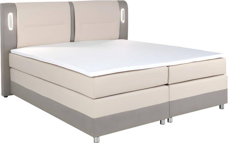 Ysmée Boxspring met hoofdeinde en LEDs + bedbodem + matras + topmatras RIMINI van DREAMEA 160x200cm Stof en kunstleer Beige en crème L 200 cm x H 118 cm x D 181 cm - Foto 2
