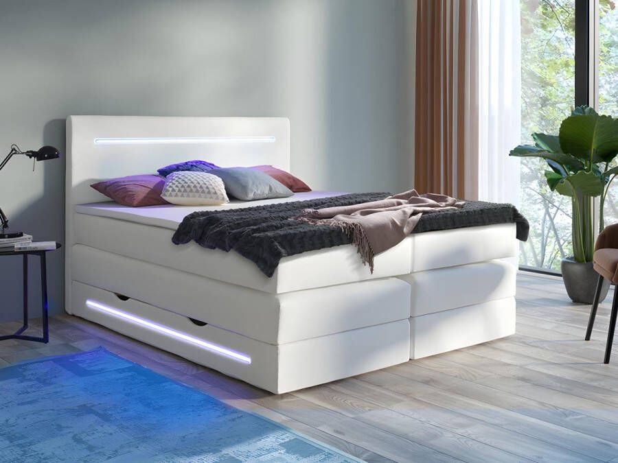 DREAMEA Complete boxspring met hoofdeinde met LEDs bedbodem met opbergruimte matras en dekmatras Wit Kunstleer 160 x 200 cm KEROS van L 200 cm x H 118 cm x D 160 cm