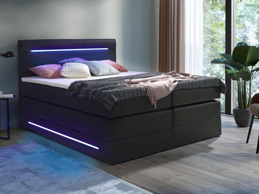 DREAMEA Complete boxspring met hoofdeinde met LEDs bedbodem met opbergruimte matras en dekmatras Zwart Kunstleer 160 x 200 cm KEROS van L 200 cm x H 118 cm x D 160 cm - Foto 2
