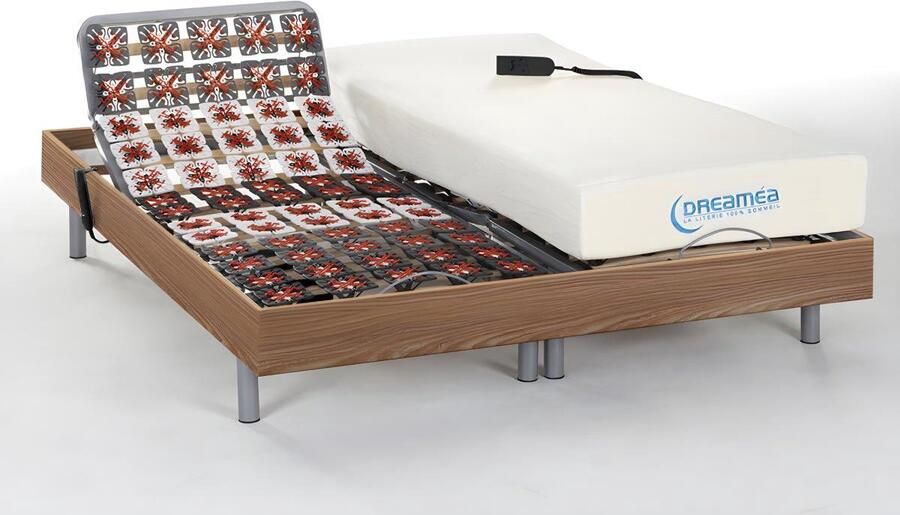Vente-unique Elektrisch bed – bedbodem en matras – contactplaatjes vormgeheugen HESIODE III van DREAMEA OKIN motoren eikenhout 2 x 80 x 200 cm L 200 cm x H 35 cm x D 160 cm