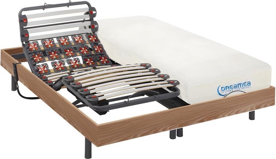 Vente-unique Elektrisch bed – bedbodem en matras – latten en contactplaatjes vormgeheugen DIONYSOS van DREAMEA OKIN motoren taupe eikenhout- 2 x 80 x 200 cm L 200 cm x H 35 cm x D 160 cm - Foto 2