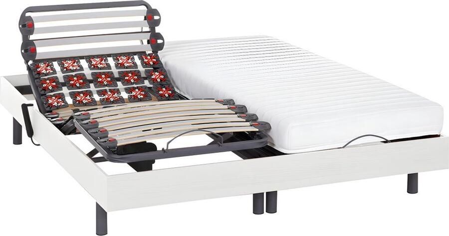 Vente-unique Elektrisch bed – bedbodem en matras – lattenbodem en contactplaatjes PANDORA II van DREAMEA Motor OKIN wit 2x90x200 cm L 200 cm x H 35 cm x D 180 cm