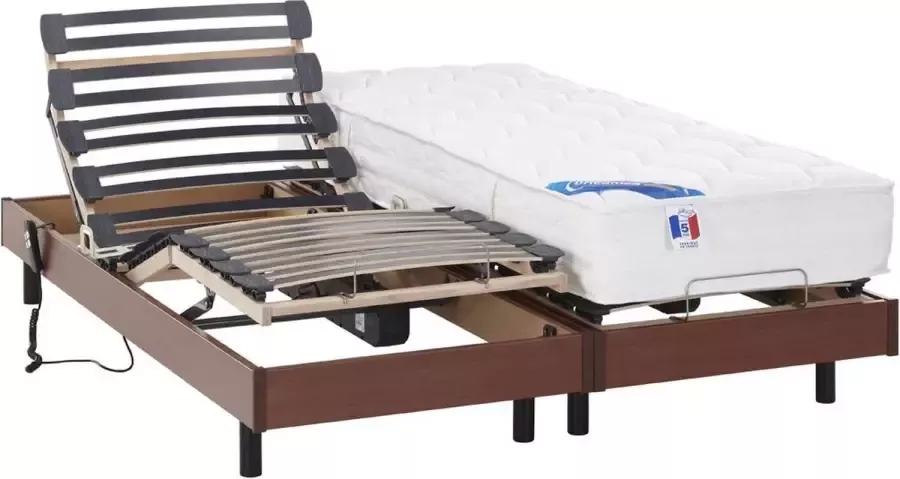 DREAMEA Elektrisch bed – bedbodem en matras – pocketveren en vormgeheugen APOLLO van kersenhout 2x80x200 cm L 200 cm x H 30 cm x D 80 cm - Foto 1