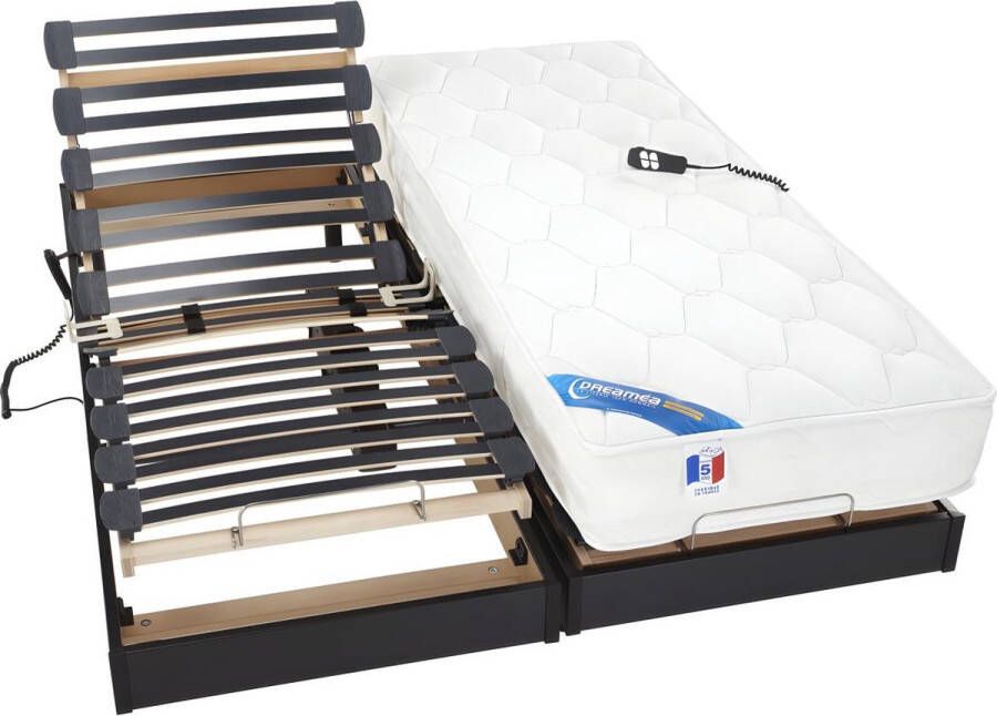 DREAMEA Elektrisch bed – bedbodem en matras – pocketveren en vormgeheugen APOLLO van zwart 2x80x200 cm L 200 cm x H 30 cm x D 80 cm