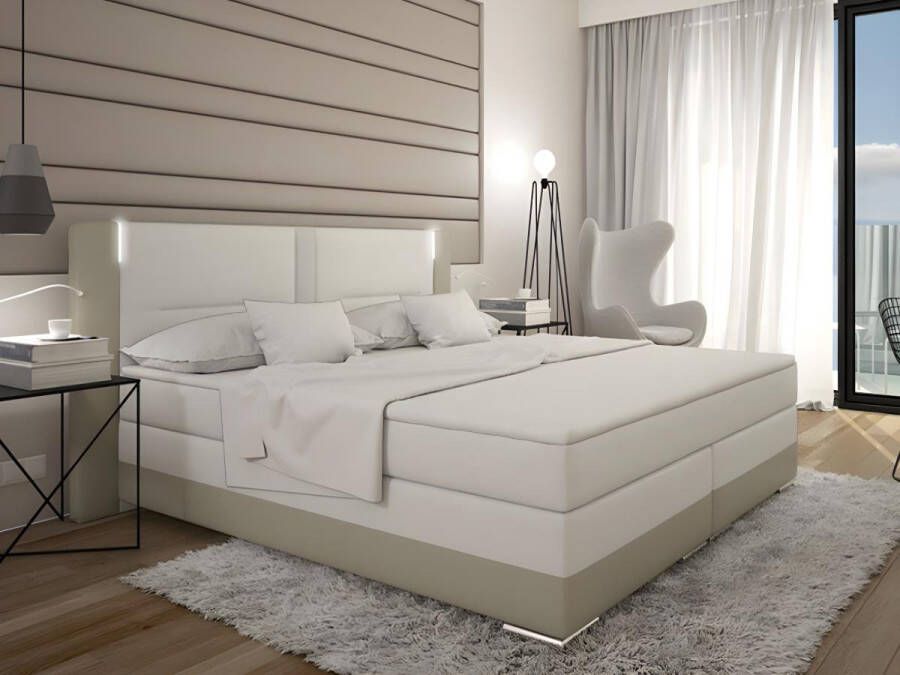 Vente-unique Set boxspring en matras met hoofdeinde met Leds + lattenbodem + matras + dekmatras ASTI van YSMÉE 160 x 200 cm kunstleer crème wit L 200 cm x H 100 cm x D 210 cm - Foto 4