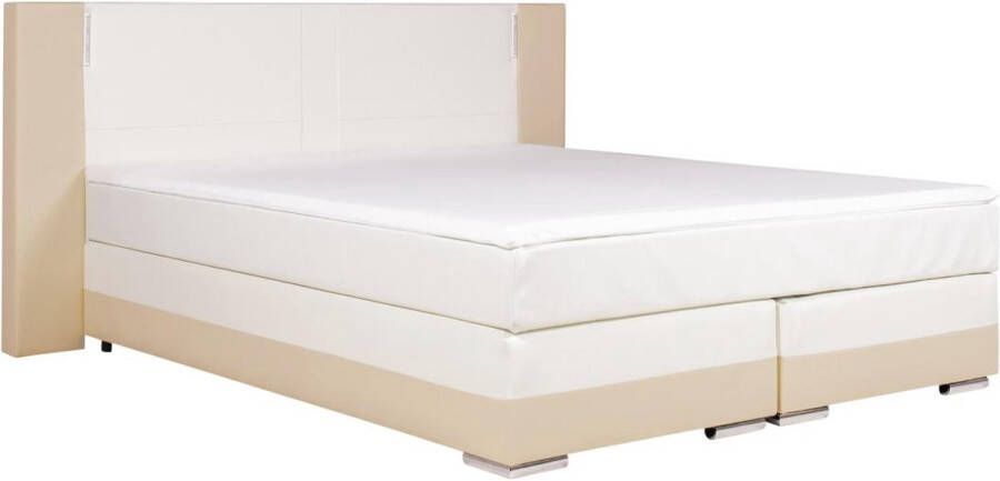 Vente-unique Set boxspring en matras met hoofdeinde met Leds + lattenbodem + matras + dekmatras ASTI van YSMÉE 160 x 200 cm kunstleer crème wit L 200 cm x H 100 cm x D 210 cm - Foto 3
