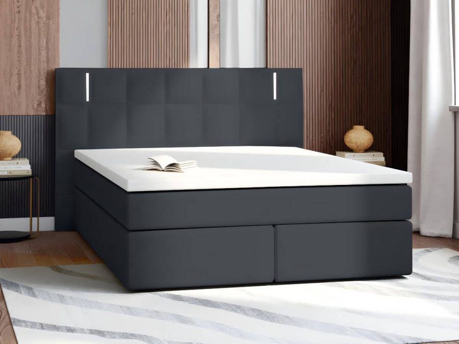 Vente-unique Set boxspring en matras met hoofdeinde met Leds + lattenbodem + matras + dekmatras BILBAO van YSMÉE 160x200 cm kunstleer Antraciet L 210 cm x H 118 cm x D 190 cm - Foto 3