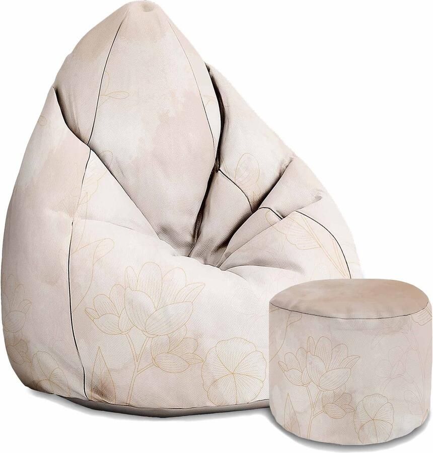 Dreamroots Group Sp.z.o.o DreamRoots Oxford Zitzak voor Volwassenen – Luxe Beanbag met Voetsteun en Afneembare Hoes – Inclusief Vulling – 80x80x120 cm Boho Beige Flowers