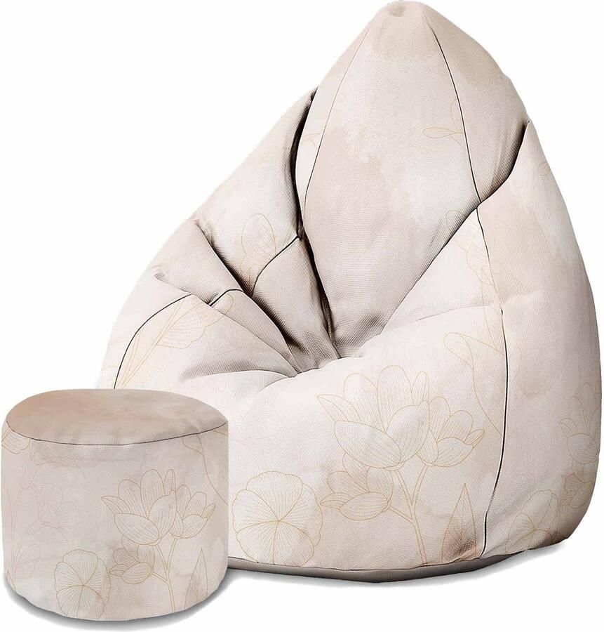 Dreamroots Group Sp.z.o.o DreamRoots Velvet Zitzak voor Volwassenen – Luxe Beanbag met Voetsteun en Afneembare Hoes – Inclusief Vulling – 80x80x120 cm Boho Beige Flowers