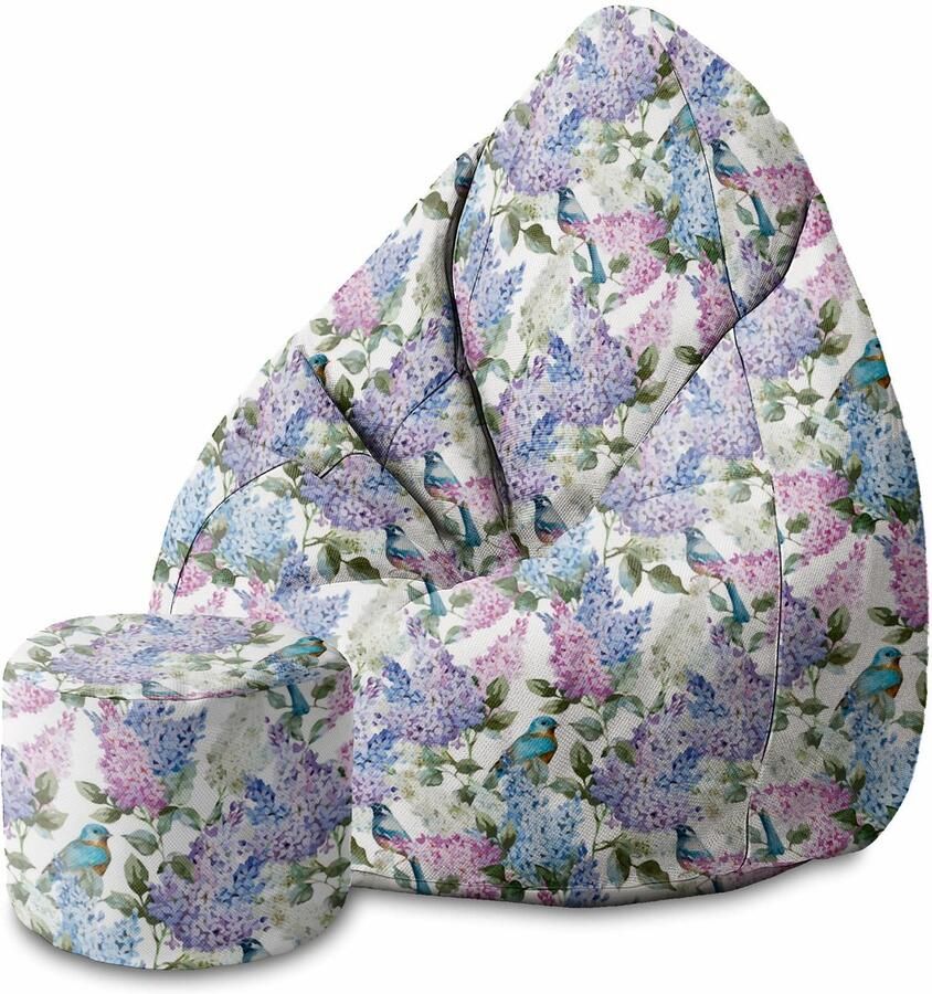 DreamRoots Velvet Zitzak voor Volwassenen – Luxe Beanbag met Voetsteun en Afneembare Hoes – Inclusief Vulling – 80x80x120 cm Birds in Flowers