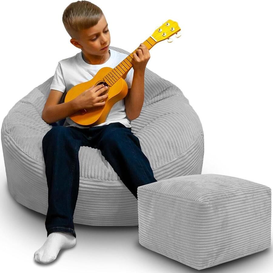 DreamRoots Zitzak voor Volwassenen & Kinderen – Corduroy Bean Bag Stoel met Voetsteun & Hoes – Inclusief Vulling – 70x70x70 cm – Cool Grey