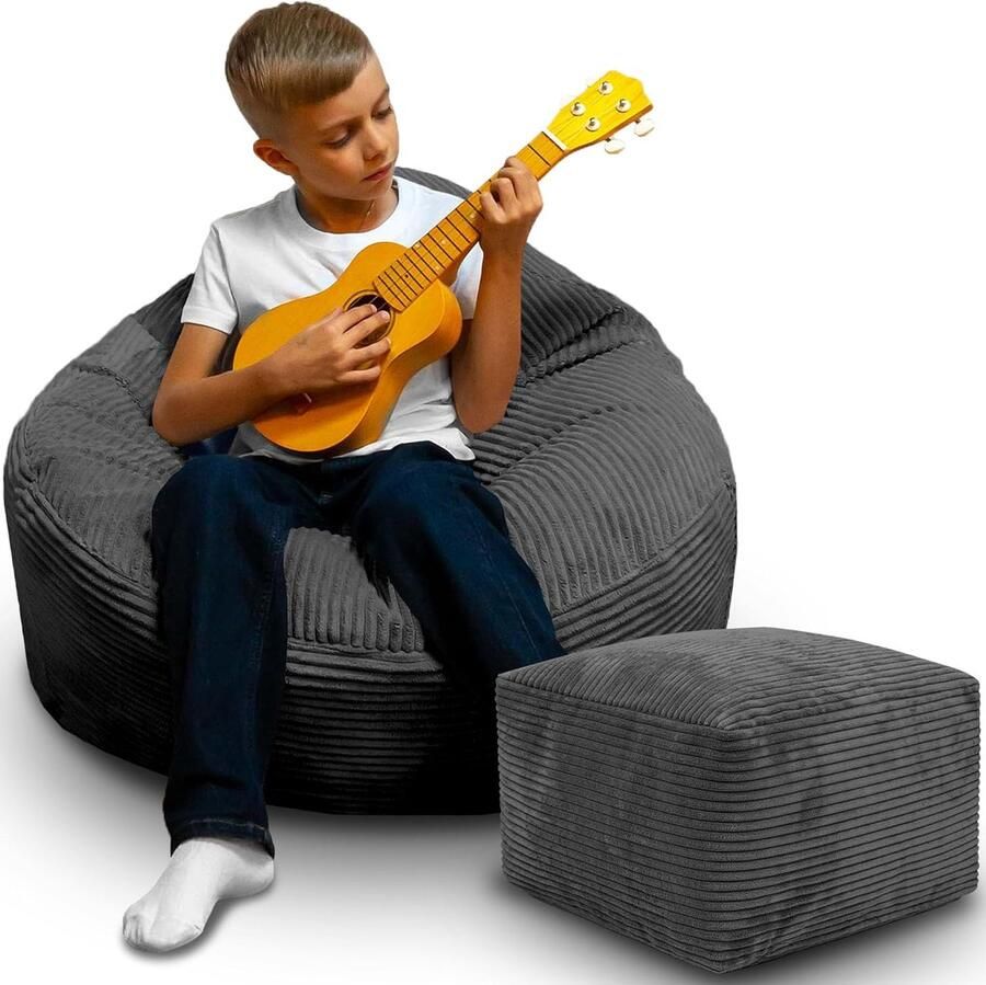 DreamRoots Zitzak voor Volwassenen & Kinderen – Corduroy Bean Bag Stoel met Voetsteun & Hoes – Inclusief Vulling – 70x70x70 cm – Granite Gray