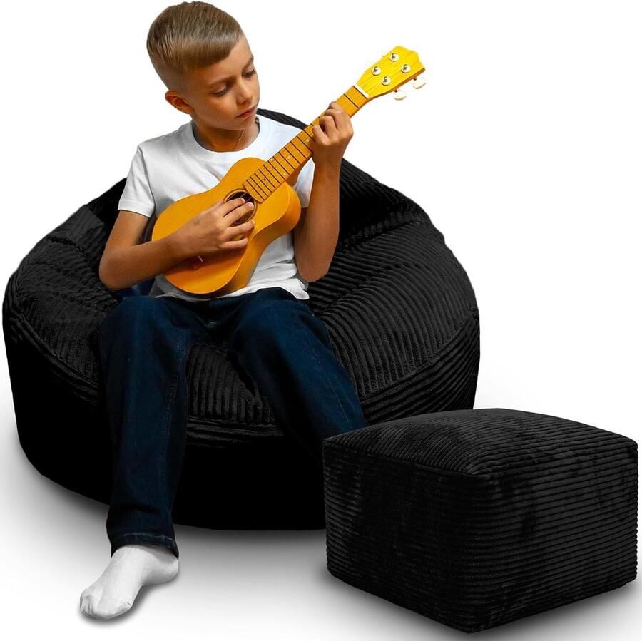 DreamRoots Zitzak voor Volwassenen & Kinderen – Corduroy Bean Bag Stoel met Voetsteun & Hoes – Inclusief Vulling – 70x70x70 cm – Black Beauty