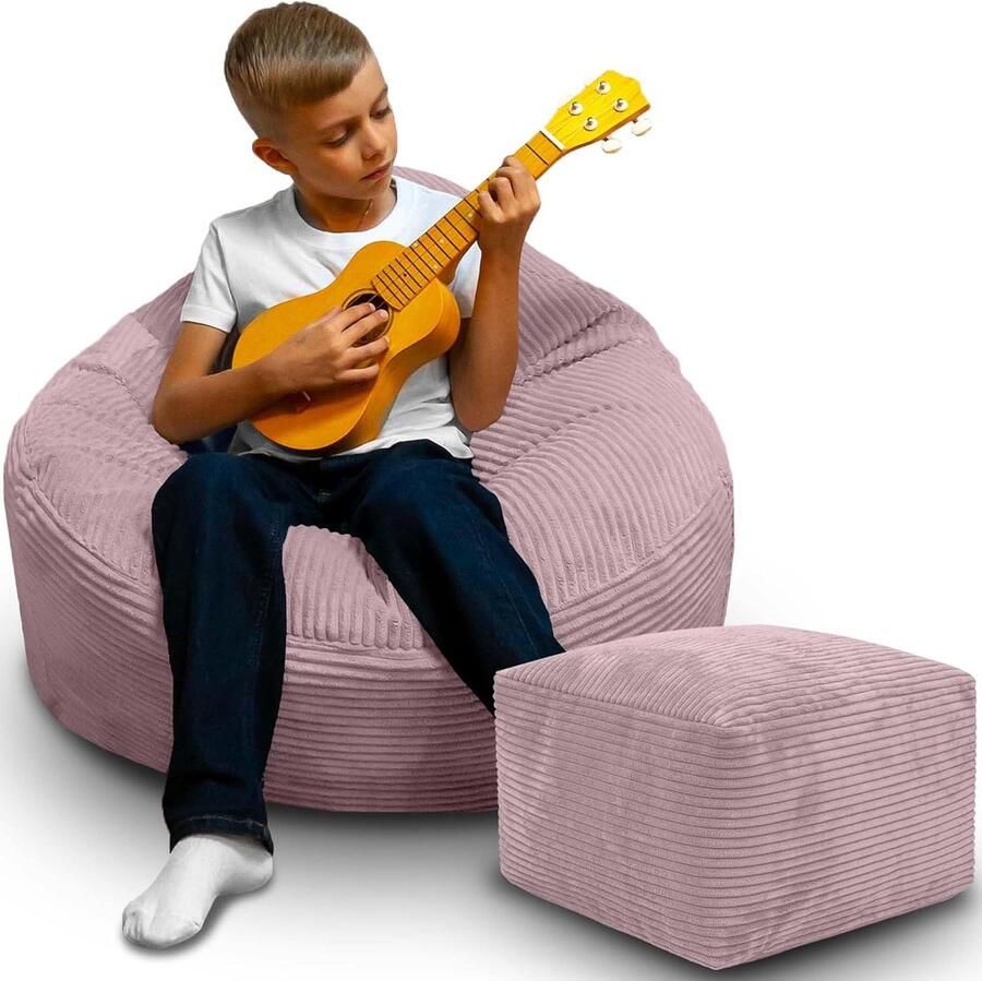 DreamRoots Zitzak voor Volwassenen & Kinderen – Corduroy Bean Bag Stoel met Voetsteun & Hoes – Inclusief Vulling – 70x70x70 cm – Silver Pink