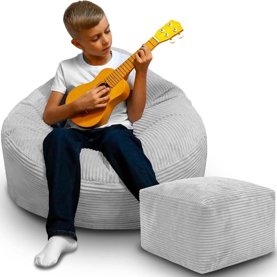 DreamRoots Zitzak voor Volwassenen & Kinderen – Corduroy Bean Bag Stoel met Voetsteun & Hoes – Inclusief Vulling – 70x70x70 cm – Storm Gray