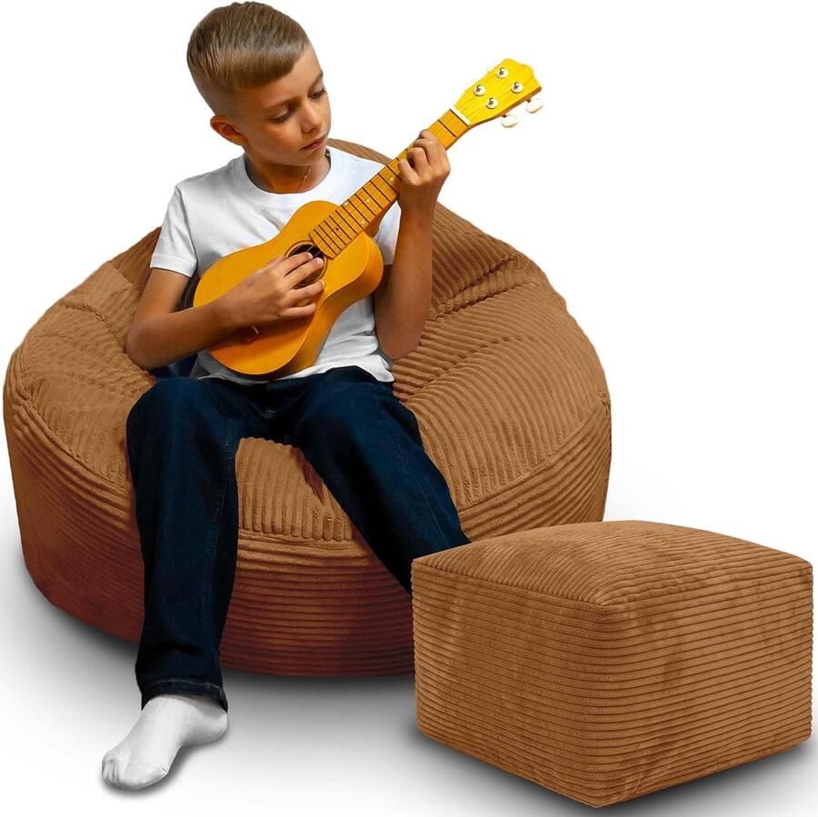 DreamRoots Zitzak voor Volwassenen & Kinderen – Corduroy Bean Bag Stoel met Voetsteun & Hoes – Inclusief Vulling – 70x70x70 cm – Sugar Cookie