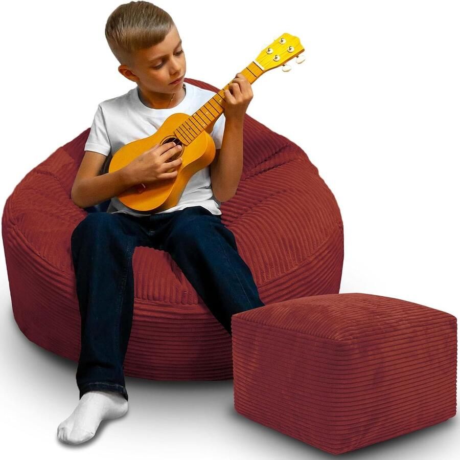 DreamRoots Zitzak voor Volwassenen & Kinderen – Corduroy Bean Bag Stoel met Voetsteun & Hoes – Inclusief Vulling – 70x70x70 cm – Fired Brick