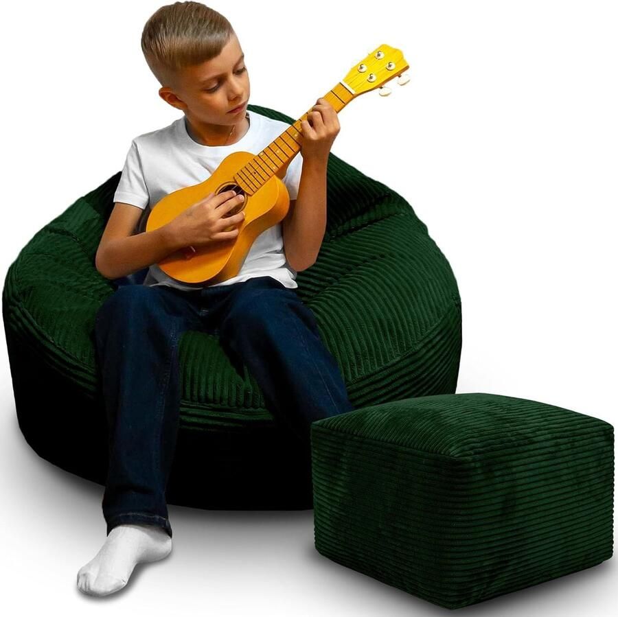 DreamRoots Zitzak voor Volwassenen & Kinderen – Corduroy Bean Bag Stoel met Voetsteun & Hoes – Inclusief Vulling – 70x70x70 cm – Forest Symphony