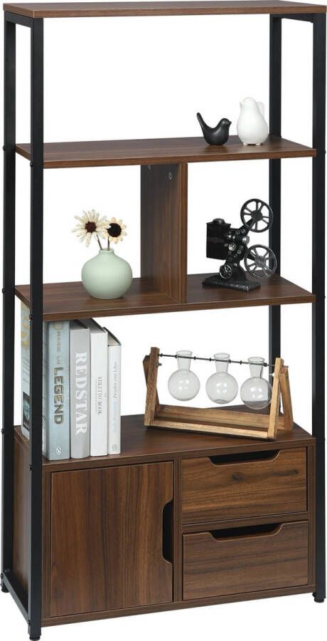 Dripio Boekenkast industrieel Bogdan 4 Lagen Donkerbruin 1 Deur en 2 Lades Boekenrek Woonkamer slaapkamer en kinderkamer Hout Metaal 58 x 24 x 120 cm