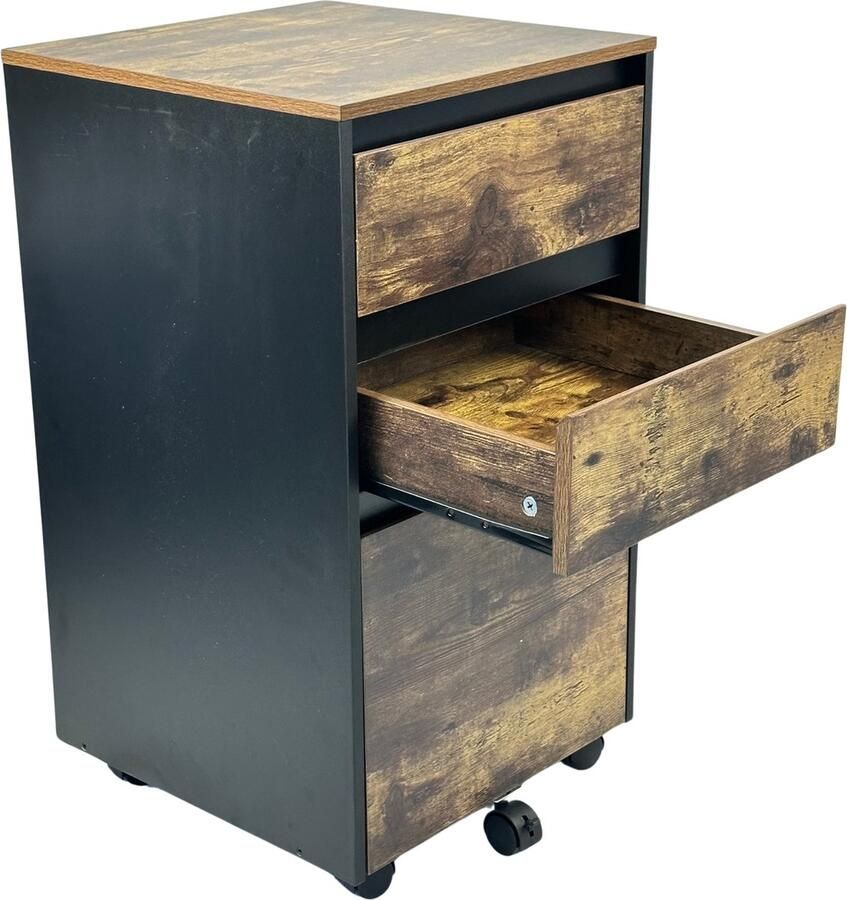 Dripio Archiefkast Hout Ladeblok Bureau Donkerbruin 40x70x40cm Met Wielen 3 Lades Industrieel Design