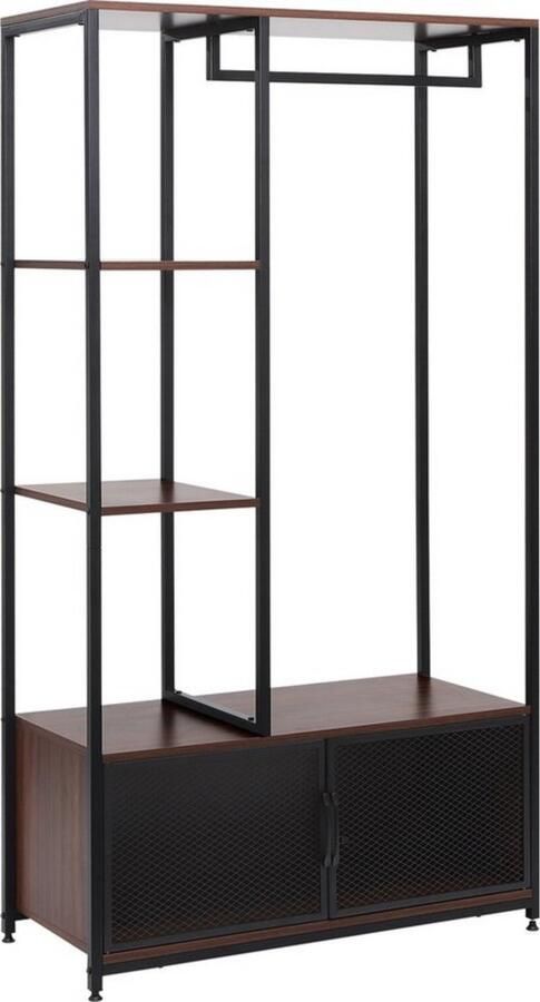 Dripio Houten open kledingkast kapstok & vakkenkast ruime opbergruimte industriële uitstraling donker hout 90x40x167 cm