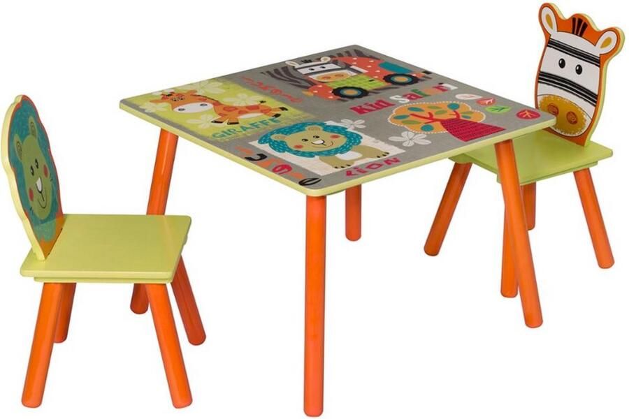 Dripio Kindertafel en 2 stoeltjes kleurrijk ontwerp met dierenprint stevige houten constructie speels design